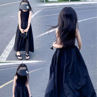  Váy phong cách Hepburn không tay kiểu Pháp cổ điển không tay màu đen Váy mùa hè cho bé gái Váy trung dài