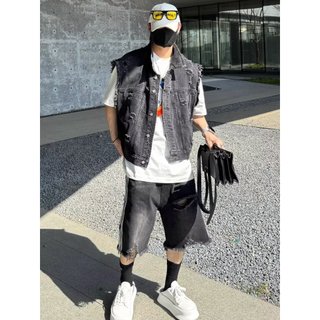 Retro Rửa Áo Vest Mỹ Áo Khoác Nam Phố Cao Cấp Rách Ngắn Denim Áo Vest Nam Xuân Hè Hợp Thời Trang Áo Vest Không Tay Áo Top