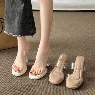 Bước lên Shit Feel Đế dày Nền tảng chống thấm nước Dây đeo phẳng trong suốt Giày sandal cao gót nữ mùa hè mặc ngoài pha lê gót dày