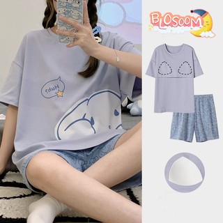Bộ Đồ Ngủ Tay Ngắn Có Miếng Lót Ngực Và Họa Tiết Dễ Thương Thời Trang Mùa Hè Cho Nữ, Quần Short Homewear Bộ Đồ Ngủ