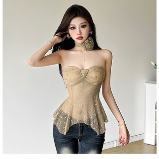 Cutenew Kim Cương Giả Tank Top Với 3D Hoa Trang Trí Choker Nữ Mùa Hè Lưới Ngọt Ngào Chắp Vá Top