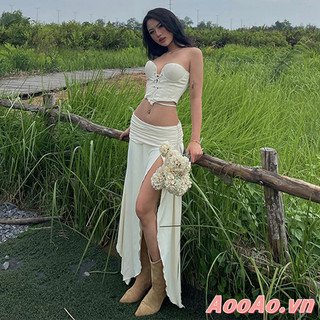 đầm Dài Eo Thấp Xẻ Tà Màu Trơn Đi Biển Mùa Hè Cho Nữ