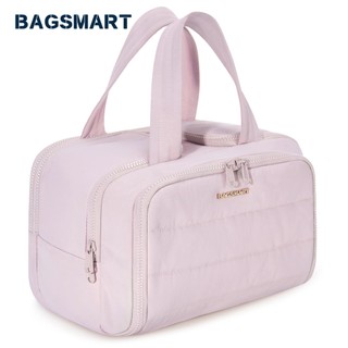 BAGSMART Lightweight Toiletry Bag Puffy Cosmetic Makeup Bag Travel Bag for Women, Organizer with Handle for Accessories,Essentials, Toiletries, Pink/Black