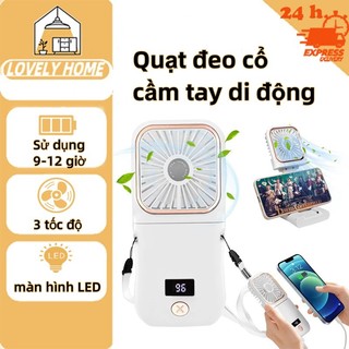 6000mAh Quạt Mini Cầm Tay, Đeo Cổ. Để Bàn Văn Phòng. Gấp Gọn Đi Du Lịch Tiện Lợi - Pin 12 Tiếng, Tặng Dây Đeo