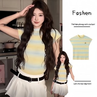 Áo thun  cổ tròn dáng ôm in họa tiết kẻ sọc màu sắc tương phản thời trang Y2K mùa hè 2024 cho nữ