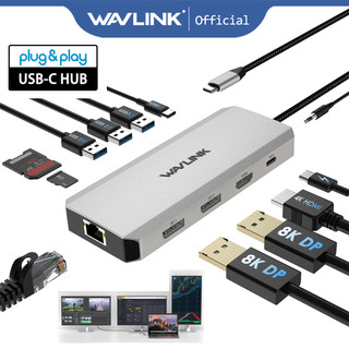  Wavlink 12 trong 1 USB C Hub Ba màn hình Laptop Docking Station Bộ chuyển đổi đa cổng với 4K HDMI Dual 8K DP 100W PD 