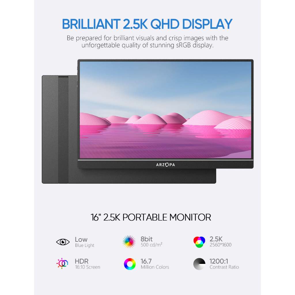 ARZOPA Z1RC, Màn hình di động 16 "2.5K, Giá đỡ chân đế HDR 2560x1600, Màn hình máy tính xách tay HDMI 500nits 8bit QHD USB-C, Màn hình IPS 16: 10 cho điện thoại Mac PC PS Xbox Switch | BigBuy360 - bigbuy360.vn