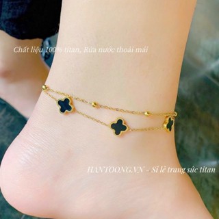 Lắc chân nữ bằng chất liệu titan cao cấp không gỉ mạ vàng 24k thiết kế hai tầng hình cỏ 4 lá thời trang thanh lịch