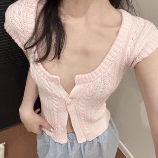 Áo len dệt kim ngắn tay cổ chữ V màu vàng, áo cardigan ngực đơn giảm béo mới mùa hè