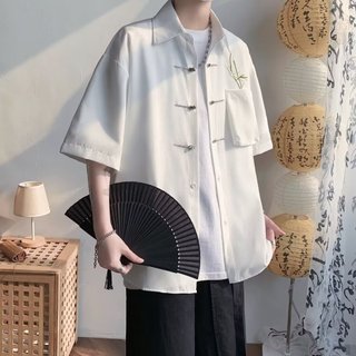 Mùa Hè Cuizhu Thêu Nửa Tay Áo Sơ Mi Nam Phong Cách Trung Hoa Phong Cách Trung Hoa Rời Thường Ngày Nửa Tay Inch Áo Sơ Mi Nam Siêu Mỏng Drape Nửa Tay