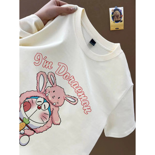 Màu hồng ăn mặc leng keng họa tiết hoạt hình mèo áo thun trắng cổ tròn nữ Áo thun cotton đa năng mới