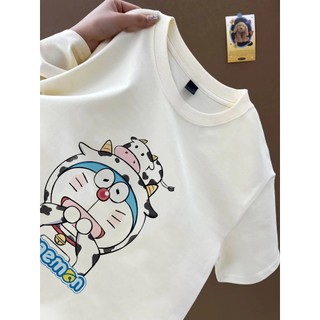 Dễ thương bò leng keng mèo họa tiết hoạt hình Áo thun trắng cổ tròn nữ Áo thun cotton đa năng mới
