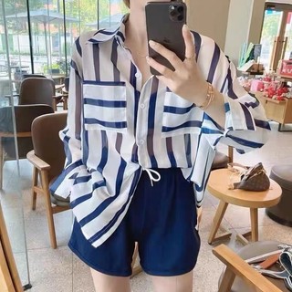 Áo sơ mi dài tay dáng rộng cổ điển thời trang nữ Hàn Quốc cổ áo sọc