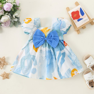 Đầm Cho Bé Gái Nơ Xanh Đầm Cotton Tay Phồng Cổ Vuông Đầm Công Chúa