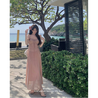 Liasynn Nước Trắng Nữ Xếp Lớp Lãng Mạn ~ Hoa Bud Tay Gạc Đầm Gạc Đầm Kỳ Nghỉ Váy Dài Đầm