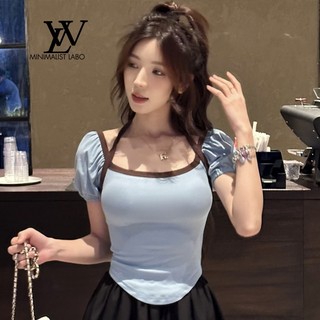 Cổ vuông sang trọng kiểu Pháp Áo thun ngắn tay mùa hè ngọt ngào Hot Girl All-Match Cổ thấp lộ xương đòn Top Slim @