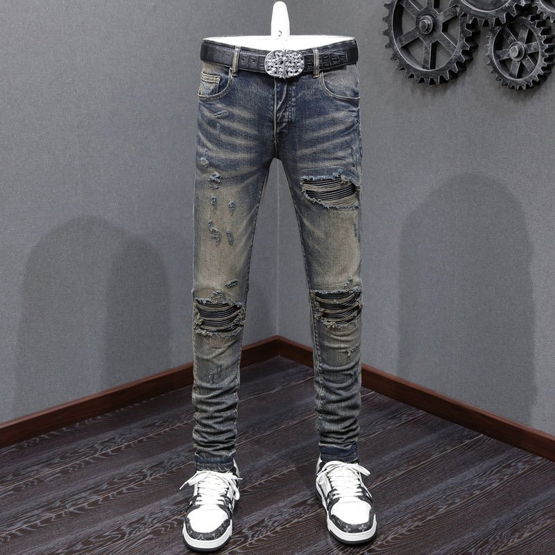 Amiri Street Fashion Men Jeans Grey Slim Fit Leather Patch Craft Button Design High Quality Men Jeans