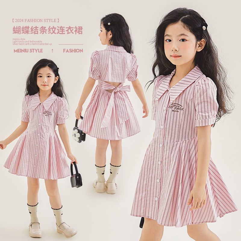 3-14 Tuổi Mùa Hè Bé Gái Đầm Trẻ Em Vừa Lớn Trẻ Em Preppy Phong Cách Áo Sơ Mi Đầm Bé Gái Sọc Tay Phồng Nơ Đầm Công Chúa