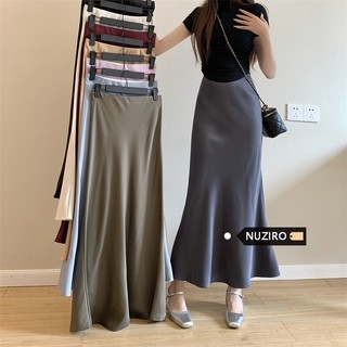 NUZIRO Co giãn eo cao giảm béo dài vừa phải giả lụa mềm mại nửa váy có bọc mông và váy dài chữ A đuôi cá
