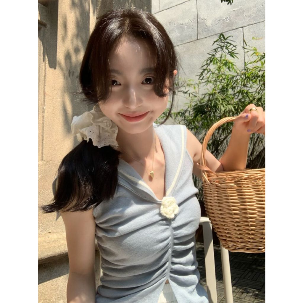 Hàn Quốc Mùa Hè Phong Cách Mới Phiên Bản Hàn Quốc Slim-fit Navy Ve Áo Handmade Hoa Chui Đầu Dệt Kim Áo Vest