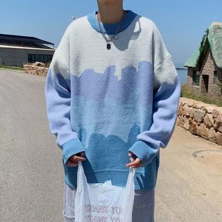 Áo sweater cổ tròn dáng rộng màu sắc tương phản phong cách Harajuku Nhật Bản dành cho nam