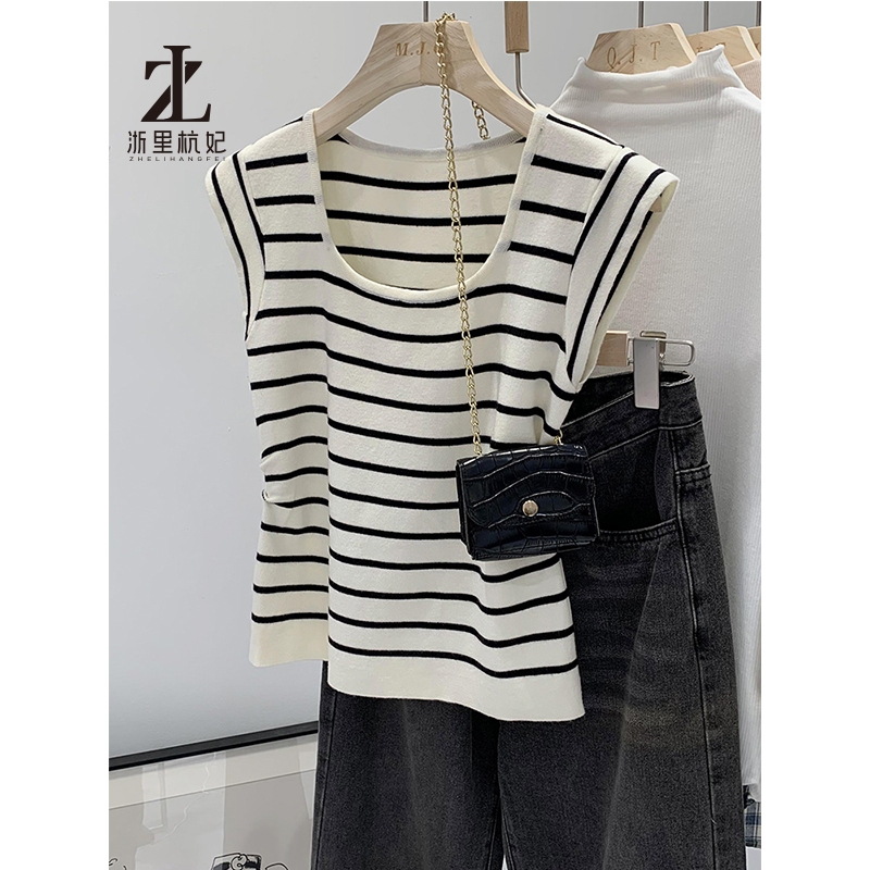 ZHELIHANGFEI Phiên Bản Hàn Quốc Thời Trang Dệt Kim Camisole Nữ Mặc Ngoài Cổ Chữ U Ngắn Sọc Ngọt Ngào Áo Thun Không Tay | BigBuy360 - bigbuy360.vn