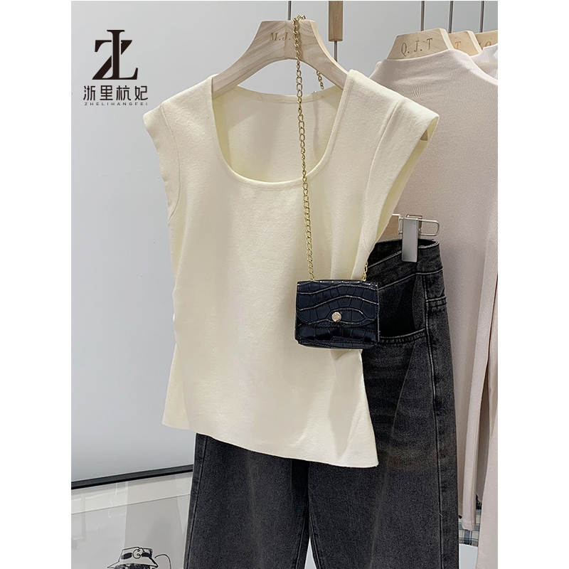 ZHELIHANGFEI Phiên Bản Hàn Quốc Thời Trang Dệt Kim Camisole Nữ Mặc Ngoài Cổ Chữ U Ngắn Sọc Ngọt Ngào Áo Thun Không Tay | BigBuy360 - bigbuy360.vn