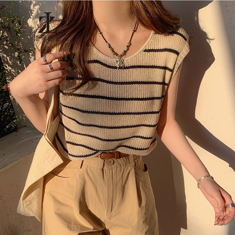 ZHELIHANGFEI Băng Lụa Dệt Kim Sọc Camisole Nữ Bên Trong Rời Tay Áo Thun Bên Ngoài Mặc Pháp Nhỏ Tay Bay Top | BigBuy360 - bigbuy360.vn