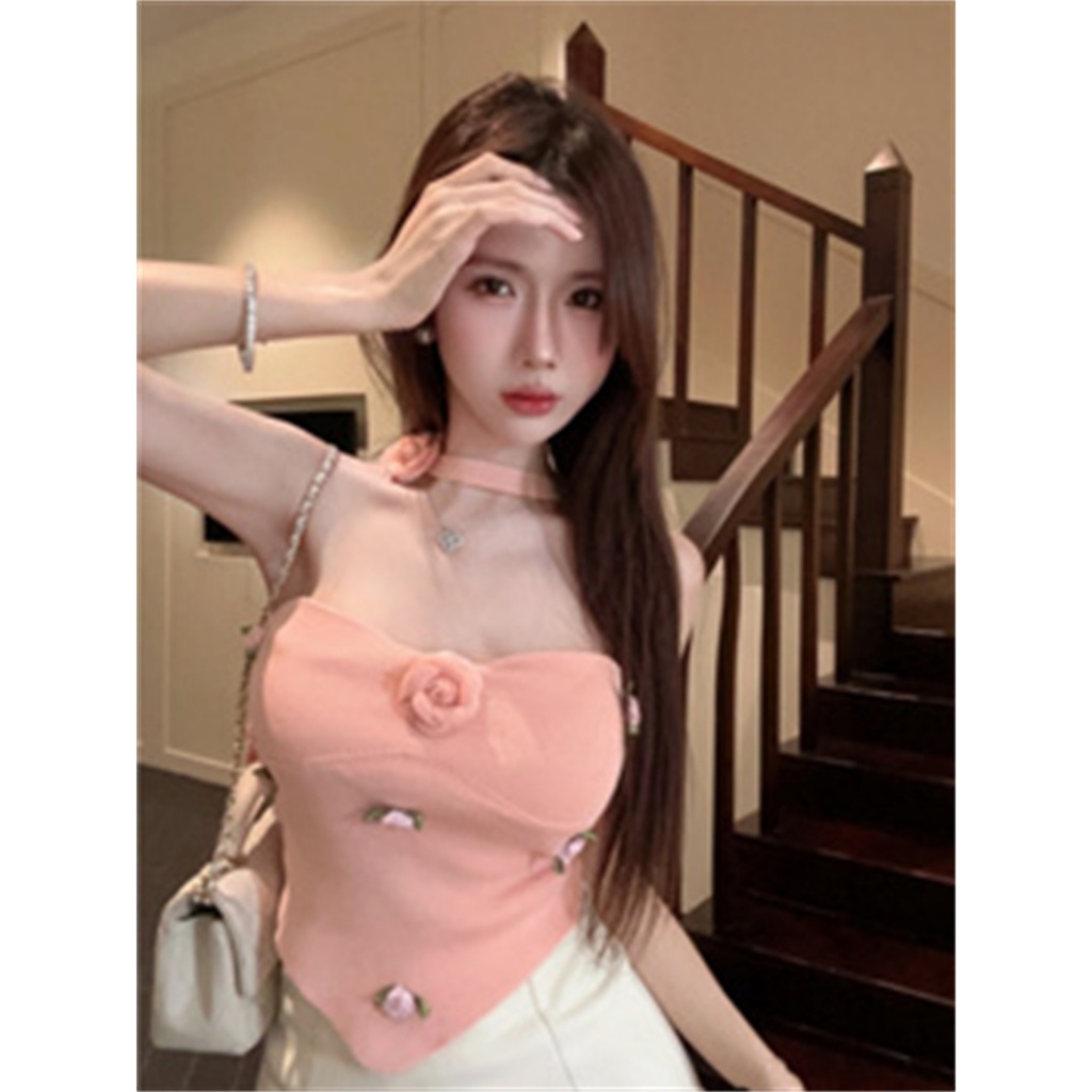 QKOOLE Áo vest treo cổ treo cổ hoa nhỏ ba chiều phong cách Hàn Quốc mới dành cho nữ