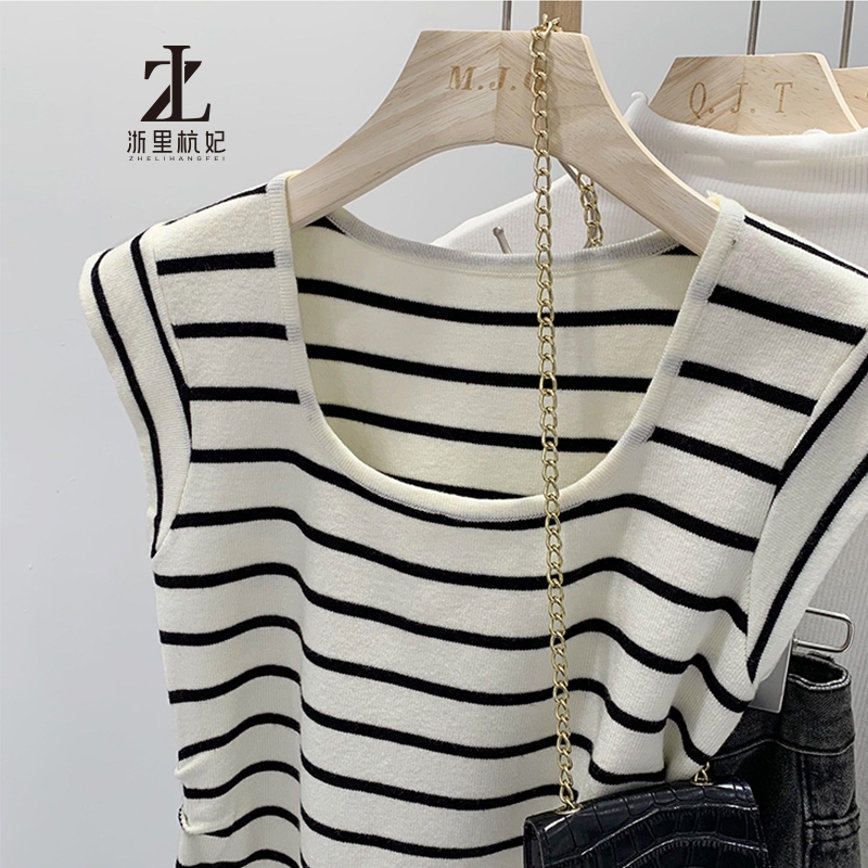 ZHELIHANGFEI Phiên Bản Hàn Quốc Thời Trang Dệt Kim Camisole Nữ Mặc Ngoài Cổ Chữ U Ngắn Sọc Ngọt Ngào Áo Thun Không Tay | BigBuy360 - bigbuy360.vn