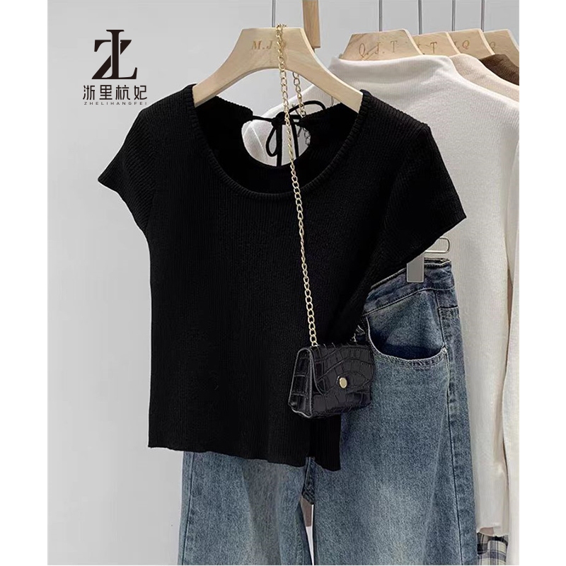 ZHELIHANGFEI Áo thun dệt kim ngắn tay kiểu eo cao dành cho nữ | BigBuy360 - bigbuy360.vn