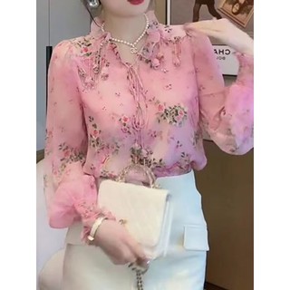 Phong Cách Hàn Quốc Nữ Nữ Voan Rời Hoa Áo Sơ Mi Tay Dài Áo Baju Baju Wanita Lengan Panjang
