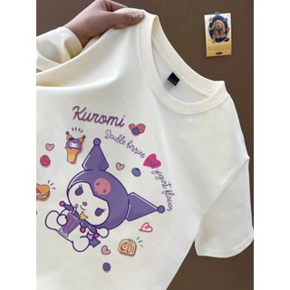Áo thun màu trắng họa tiết Kuromi dễ thương Áo thun nữ cổ tròn mới đa năng Áo thun cotton hàng đầu