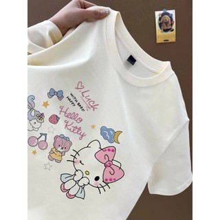 Áo thun trắng họa tiết hoạt hình Hello Kitty dễ thương Áo thun nữ cổ tròn mới đa năng Áo thun cotton hàng đầu