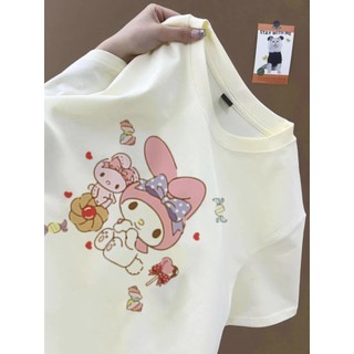 Giai Điệu Và Thỏ Họa Tiết Hoạt Hình Trắng Áo Thun Nữ Cổ Tròn Áo Thun Nữ Mới Đa Năng top cotton Áo Thun
