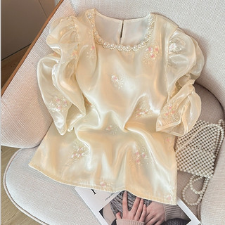 Phong Cách Hàn Quốc Nữ Nữ Thêu Rời Hoa Puff Áo Sơ Mi Tay Ngắn Áo Baju Baju Wanita Lengan Panjang Hàng Mới Sẵn Có