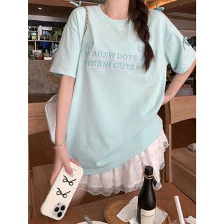 Áo chui đầu cổ tròn phiên bản Hàn Quốc, nơ vai, thêu chữ cái, dáng rộng và vừa vặn, áo thun ngắn tay đa năng