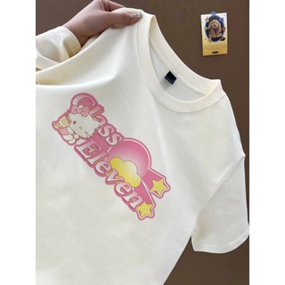 Hợp thời trang cổ điển Hello Kitty nhân vật hoạt hình họa tiết áo thun trắng cổ tròn nữ Áo thun cotton đa năng mới