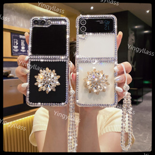 Dành Cho Zflip6 Bling Dây Xích Kim Cương Ốp Lưng Điện Thoại Samsung Galaxy Z Flip 4 5G Zflip3 Zflip Zfold2 Zfold 3 Zfold4 Với Vòng Tay Hạt Pha Lê Sang Trọng Lấp Lánh Kim Cương Giả Cứng Trong Suốt