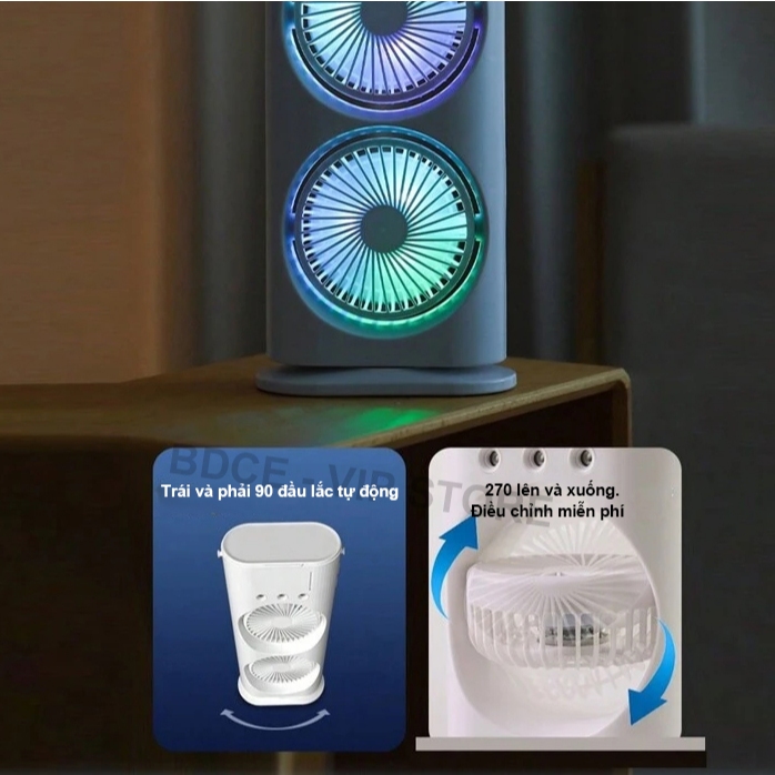 Quạt Điều Hòa Phun Sương Tích Điện, Quạt Hơi Nước điều hòa có Đèn LED Với 2 Cánh Gió, Phun Sương,Spray Fan Tích Điện 8000mAh Kiêm Đèn Ngủ Đa Sắc, Phun Sương Làm Mát