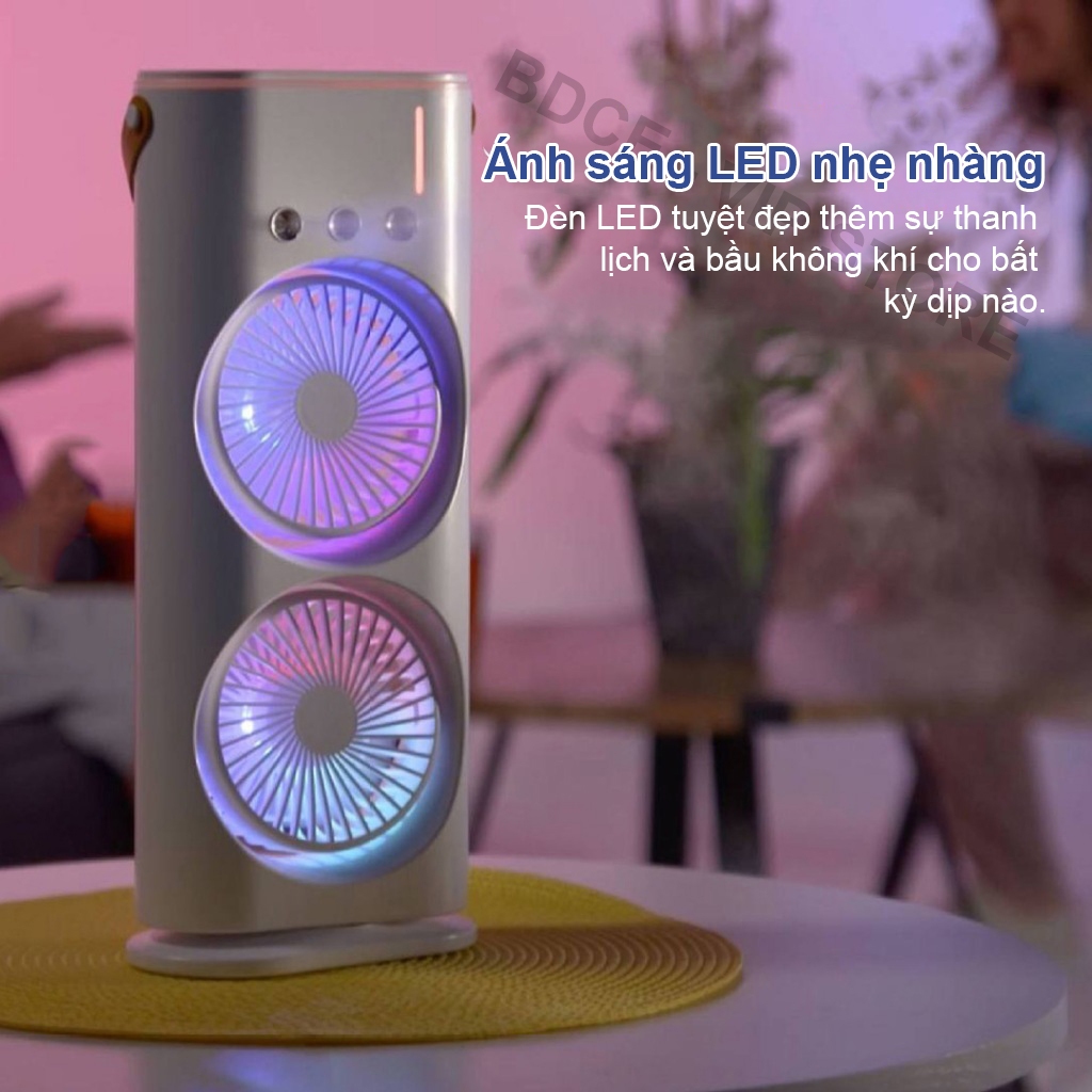 Quạt Điều Hòa Phun Sương Tích Điện, Quạt Hơi Nước điều hòa có Đèn LED Với 2 Cánh Gió, Phun Sương,Spray Fan Tích Điện 8000mAh Kiêm Đèn Ngủ Đa Sắc, Phun Sương Làm Mát