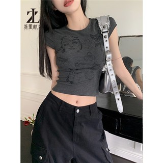 ZHELIHANGFEI Mỹ Retro Màu Xám Vai Trước Nhỏ Bay Tay Ngắn Áo Thun Nữ Cao Cấp Nóng Cô Gái Skinny Slim-Fit Cao Cấp Eo Top