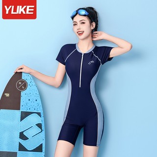 Yuke Vintage Nhanh Khô Một Mảnh Đồ Bơi Nữ Đồ Bơi Thân Đầu Gối Dây Kéo Trước Ngực Đệm Châu Á Kích Thước