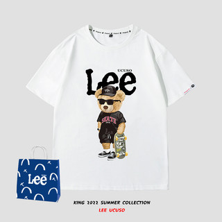 Lee ván trượt gấu in hình áo thun nữ tay ngắn nam thể thao rời thường ngày cotton nguyên chất cặp đôi