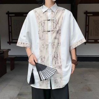 Nam Mới Phong Cách Trung Hoa Áo Sơ Mi Tay Ngắn Phong Cách Trung Hoa Cổ Đứng Retro Tre In Hình Vải Lụa Băng Thoáng Khí Thoải Mái Và Thời Trang