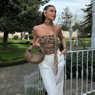Cutenew Da Báo In Hình Áo Có Dây Buộc Cổ Khăn Nữ Mùa Hè Vintage Y2K Thời Trang 90 Crop Top Phong Cách Đường Phố