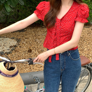 73533 Áo sơ mi ngắn tay cổ chữ V tay phồng ngắn hoa