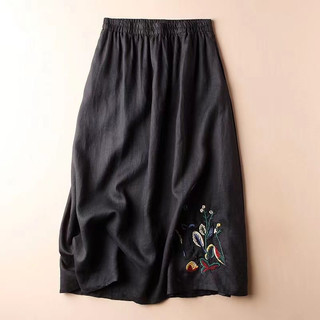 Váy nửa Cotton và vải lanh mùa hè retro nữ 2024 mới thêu màu trơn váy xích đu lớn đa năng giảm béo váy nữ dài vừa phải