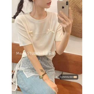 kumikumi Áo thun nữ cổ tròn trang trí nơ ngắn tay dệt kim phong cách Hàn Quốc mới