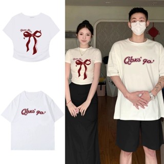 Áo thun cặp đôi phong cách Hàn Quốc Áo thun dáng rộng cỡ lớn Y2K Babytee in nơ hồng CropTop Áo sơ mi nam nữ